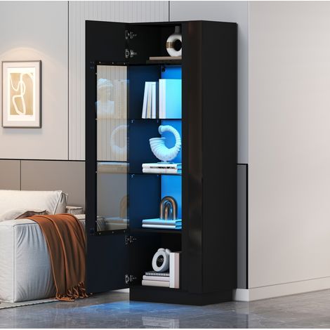 Vitrine haute 60x40x180 cm en panneaux de particules noire, LED pour salon, gain de place – MEUBLIV (1/5)