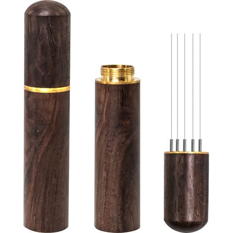 Outil de remuage pour expresso, 5 aiguilles de 0,4 mm, outil de distribution pour expresso, manche et support en bois naturel (1/5)