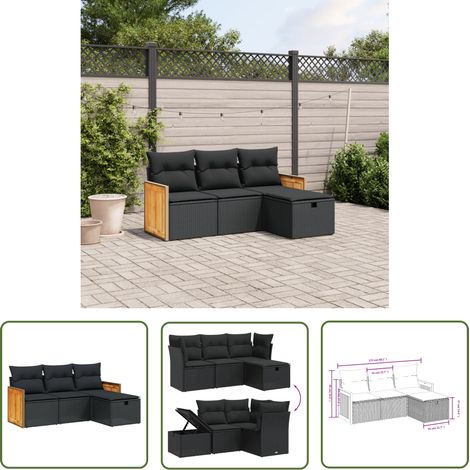 The Living Store Salon de jardin 4 pcs avec coussins noir résine tressée - Ensemble Salon De Jardin - Salon Extérieur - Mobilier De Jardin - Meubles De Jardin - Chaise Longue (1/4)