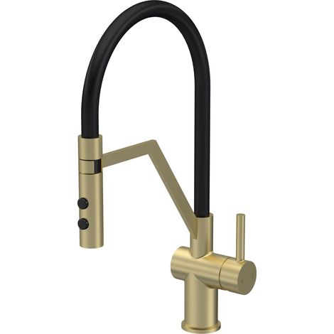 Haughton Contemporary Round Single Lever Mono Basin Mixer Kitchen Sink Tap with Rinser, Brushed Brass (1/4)