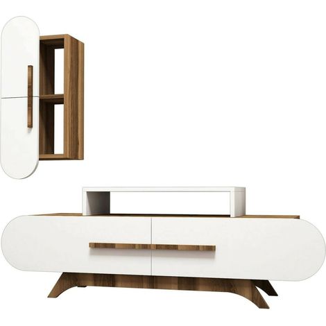 Dmora - Parete attrezzata Ifigenia, Composizione soggiorno, Mobile salotto multiuso, Armadio porta TV, 145x37h50 cm, Noce e Bianco (1/5)