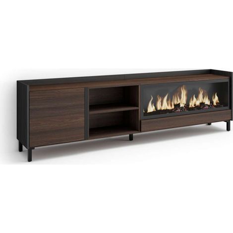Mueble TV Teba-01 de 212x61x35 cm con chimenea eléctrica XXL, diseño industrial, color roble oscuro y negro (1/4)