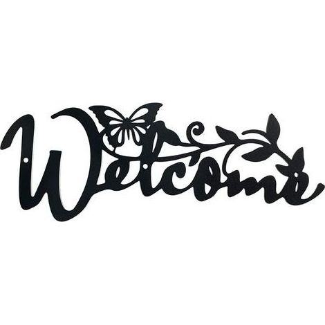 Welcome Papillon Décoration Murale en Métal, Noir Tenture Décor Silhouette Mur Art pour la Maison Chambre Salon Salle de Bains Cuisine Bureau Jardin Hôtel Décoration Murale, 11x30 cm (1/4)