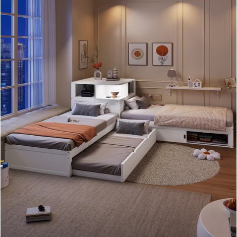 Cama infantil 90x200 con cama nido, almacenaje con puertas correderas y luz nocturna OKMYHOME (1/5)