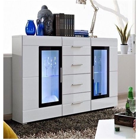 Buffet KRONI mit LED-Beleuchtung - 4 Schubladen und 2 Glastüren - Mattweiß und Glänzend - 150 x 82 x 40 cm