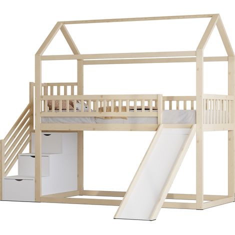 Litera infantil 90 x 200 cm con tobogán y escalera de almacenamiento, estructura de madera natural (1/5)