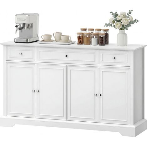 Weißes Wohnzimmer-Sideboard, Aufbewahrungsmöbel mit 3 Schubladen, 4 Türen mit Soft-Close-Funktion und verstellbaren Einlegeböden. (1/5)