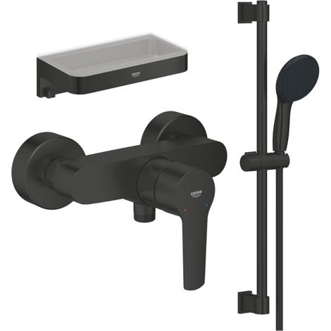 Mitigeur douche mécanique GROHE start Black + Ensemble de douche 2 jets avec barre Noir + Panier douche