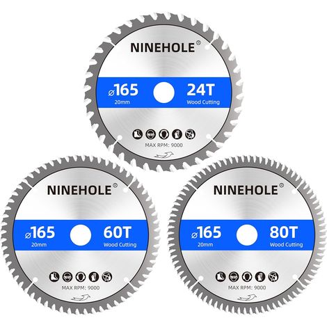 3 Lames de scie circulaire 165 x 20 mm (anneau 16 mm), 24/60/80 dents Coupes propres, Disque à Tronçonner pour Bois, Sèche, Stratifié, Cloison, Contreplaqué, Plastique (1/5)