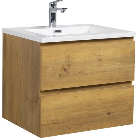 Badplaats – Meuble sous vasque suspendu 60 cm avec plan vasque en résine – 2 tiroirs softclose – Dimensions 60 x 48 x 52 cm – MDF chêne (1/5)
