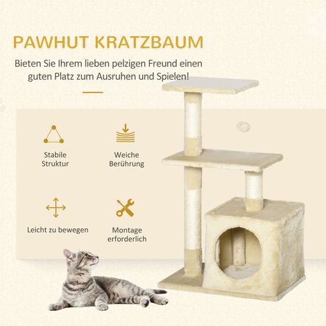 Arbre à chat PawHut en sisal, tour d'escalade pour félin, griffoir en peluche moelleuse, jouet pour chat, panneaux de particules robustes E1, beige, 50x30x81,5 cm (1/4)