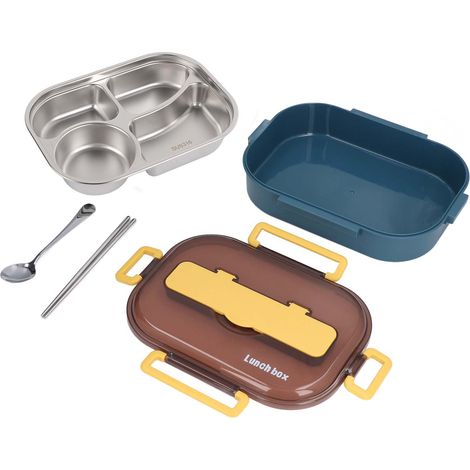 Edelstahl-Lunchbox für Büroangestellte, Schüler und Kinder, separate isolierte Lunchbox, blau und gelb, vier Fächer, Einzel-Lunchbox (1/5)