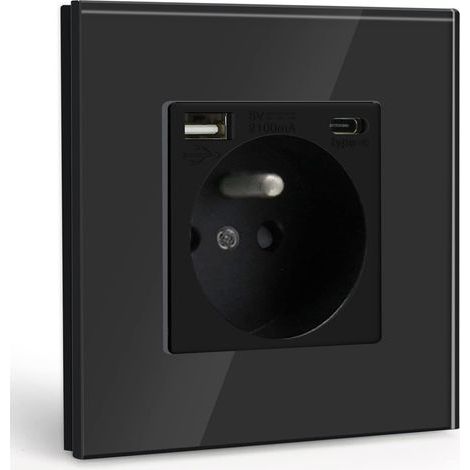 Multiprise Murale Max 2.1A avec USB et 1 Prise avec Type C,16A Prise de Courant Alternatif avec Panneau en Verre,Convient au Smartphone, à la Tablette (Noir) (1/3)
