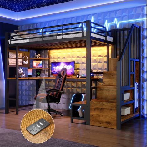 Letto a soppalco singolo 90x200 cm con scrivania, scale contenitore, LED e USB, nero OKMYHOME (1/5)