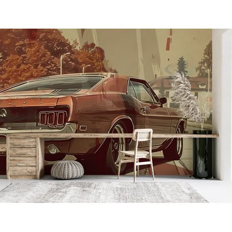 Papier peint voitures - voiture de collection orange dans la rue - 150 x 250 cm (1/2)