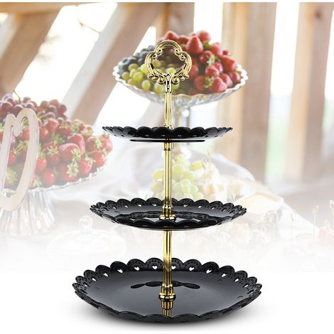 Présentoir à desserts à 3 étages pour fruits, cupcakes et gâteaux (noir) - Idéal pour les fêtes d'anniversaire et les mariages. (1/5)