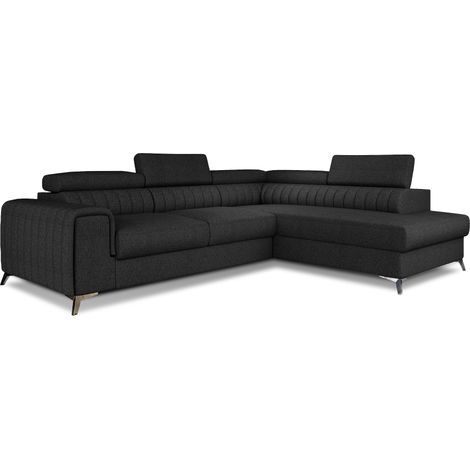 Canapé d'angle convertible tissu appuis-tête réglables LOZA - Coffre et pieds acier chromé angle droit-Gris anthracite-angle droit (1/5)