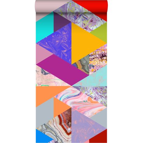 papier peint intissé XXL triangles effet marbre jaune, bleu, rose et vert - ESTAhome (1/5)