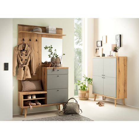 Garderoben-Set mit Garderobenschrank & Highboard in Eiche mit Grün im Mid Century-Stil, 2-teilig - AVEZZANO-61 (1/5)
