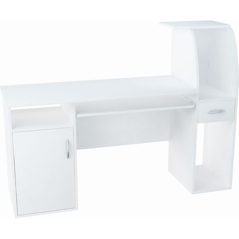 Bureau Informatique avec Rangement, Coulissant Clavier Blanc - Table d'ordinateur Style contemporain - 150 x 50 x 112 cm (1/4)