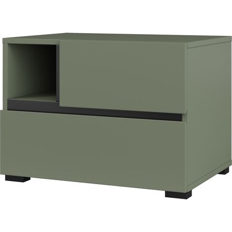 Tavolino da notte HAVANA – 2 cassetti e 1 nicchia – Color salvia verde e nero – Design compatto ed elegante