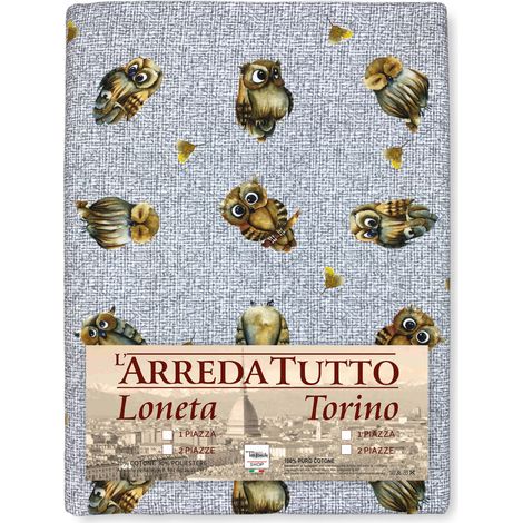 TELO ARREDO copritutto GRAN FOULARD COPRILETTO copridivano tessuto DIGITY GUFI gufetti grigio in puro cotone 1 PIAZZA (1/5)