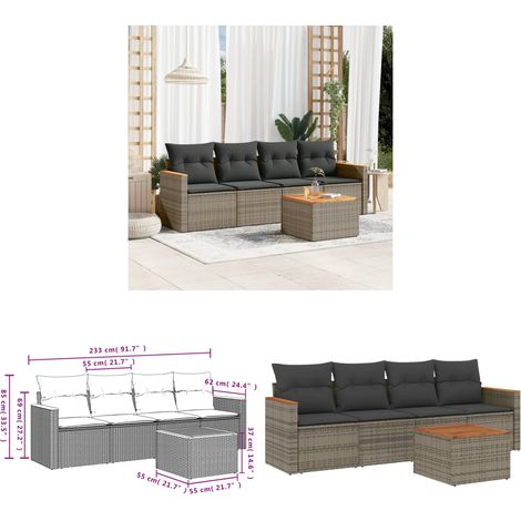 5-tlg. Garten-Sofagarnitur mit Kissen Grau Poly Rattan - Gartenmöbel - Outdoor Möbel - Rattan Sofa - Esstisch Set - Lounge Set - Home & Living (1/3)