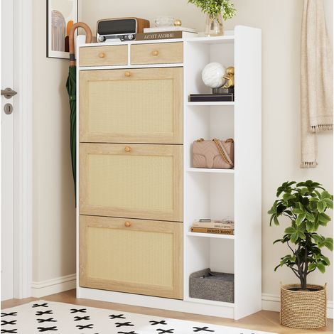 Scarpiera stretta con 3 ribalte, 2 cassetti e ripiani laterali 90x24x130 cm (1/5)