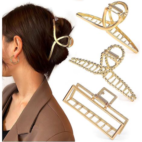 lot De 3 Grandes Pinces Cheveux Antidrapantes En Mtal Dor Tendance Pour Femmes Et Filles, Pour Cheveux Longs Pais Et Fins (1/5)