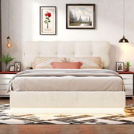 Bett mit Stauraum 140x190 cm - Doppelbett 140x190 cm - Bett 140x190 cm - Beige - Samtstoff - Integriertes LED - Hydraulischer Stauraum