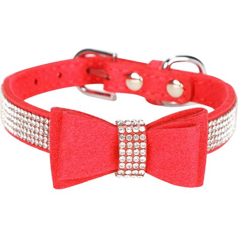 1 collier pour chat, microfibre suédée, rouge, 50 x 2,5 cm, double nœud papillon, strass scintillants (1/5)