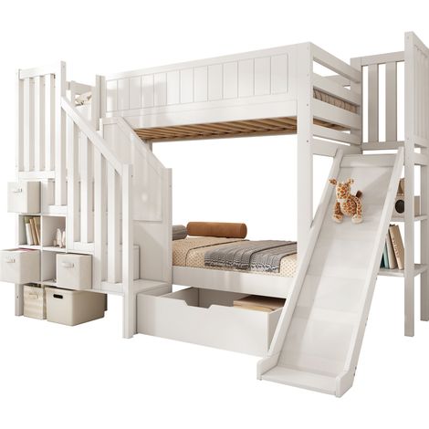Letto a castello in legno bianco 90x200 cm con scivolo, armadio scala, cassetti e rete a doghe inclusa (1/5)