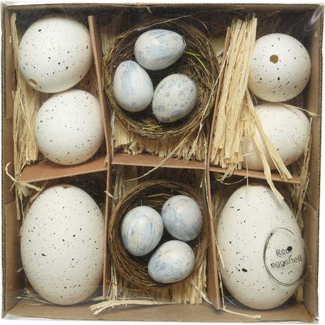 Kaemingk – Œufs de poule décoratifs de Pâques, blanc et gris – Set de 3 tailles (1/2)