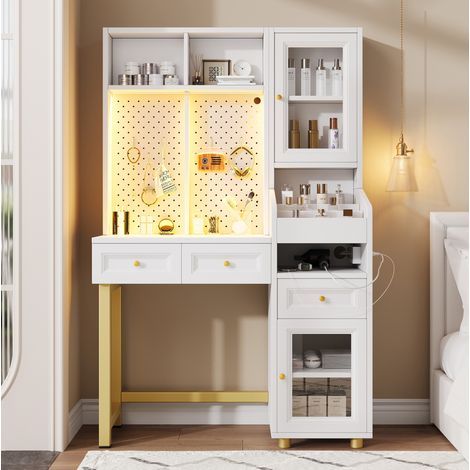 Tocador con iluminación LED, 3 cajones, tomas USB y Type-C, MDF blanco (1/5)