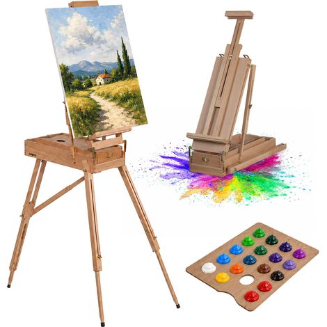 Relaxdays Easel, Standing & Table Easel, tilts 90°, height-adjustable, foldable, painting case, beech wood, natural (1/5)