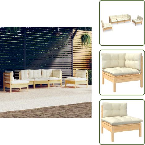 5-tlg. Garten-Lounge-Set mit Creme Kissen Massivholz Kiefer - Garten Lounge Set - Kiefernholzmöbel - Outdoor Möbel - Gartenzubehör - Loungemöbel