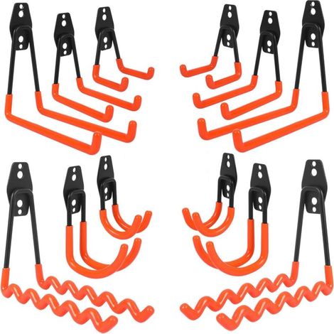 Ganci per garage, set da 12 ganci da parete resistenti con rivestimento antiscivolo, ganci quadrati, ganci ondulati, per pale, biciclette, attrezzi, corde, tosaerba e altro ancora.