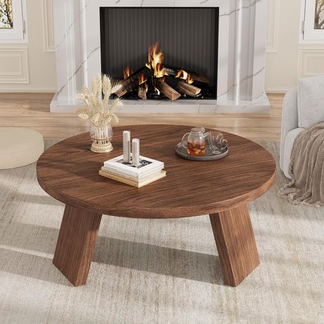Table Basse Ronde 85 cm, Design Moderne, Pieds Inclinés Robustes, Montage Facile, Idéale Salon Ou Chambre, Bois Sculpté Marron (1/5)