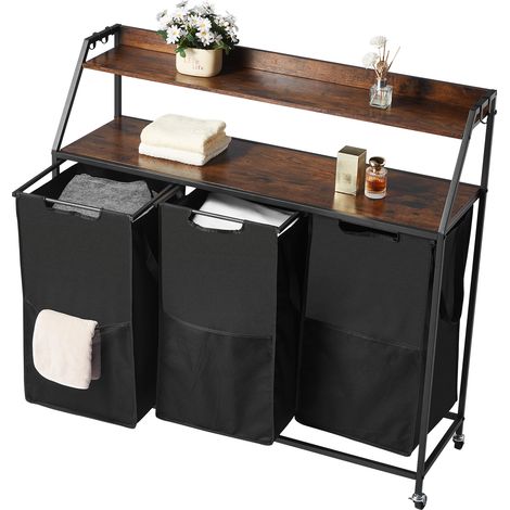 Mophorn Cesta para la Colada con 3 Compartimentos de Tela Oxford 600D, Tablero de Madera, Ruedas y Estantes Tipo Escalera, Organizador de Ropa Sucia, Color Negro (1/5)