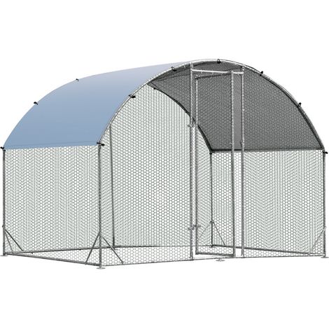 Enclos poulailler en métal galvanisé 190 x 280 x 195 cm avec housse imperméable et porte verrouillable style moderne en argent