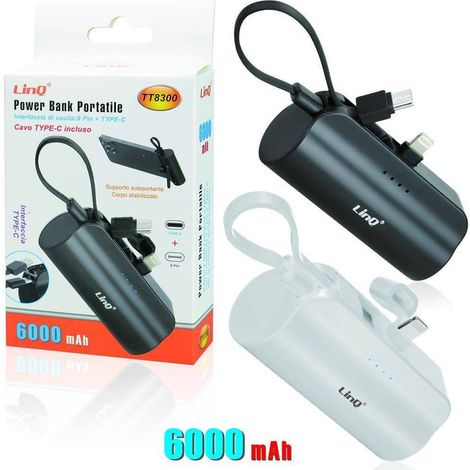 Trade Shop - POWERBANK BATTERIA PORTATILE 6000MAH 2 USCITE LIGHTNING 8PIN + CAVO TYPE-C TT8300 -