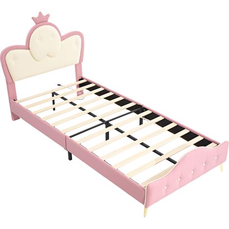 Letto per bambini imbottito 90x200 cm in PU rosa e bianco con LED, corona e piedini in metallo (1/5)