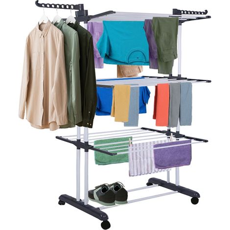 Europalamp – Etendoir à linge pliable 3 niveaux – Structure en acier – Roulettes pivotantes pour déplacement facile – Bras latéraux pour cintres (1/5)