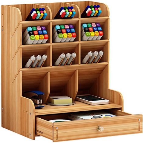 Organiseur de bureau en bois multifonctionnel avec tiroir, porte-stylos et boîte de rangement pour fournitures de bureau, idéal pour la maison, le bureau ou l'école. (1/4)