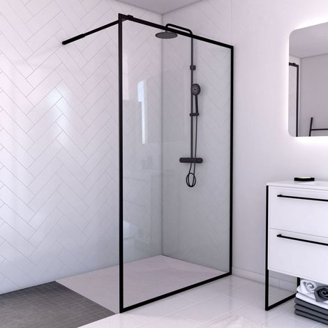 Parete doccia 120x200 + piatto 120x80 cm – telaio e barra nero opaco – CONTOURING 120