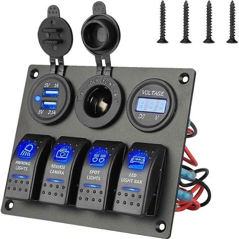 Panneau de disjoncteur étanche à 4 interrupteurs à bascule 12-24 V avec LED bleues, pour voiture, bateau ou marine. (1/4)