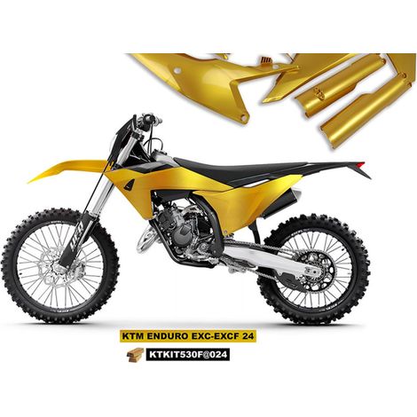 KIT COMPLETO DI PLASTICA UFO CON TELESCOPIO (AMMORTIZZATORE) PER KTM EXC 150 / 250 / 300 TBI '24-'25, EXC-F 250 / 350 / 450 / 500 '24-'25 COLORE ORO