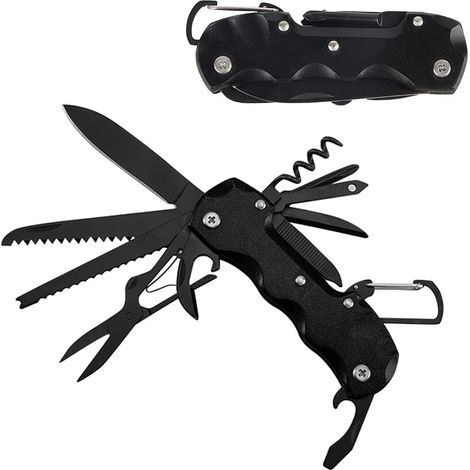 Couteau Suisse, Taozoey Couteau Multifonction 12 en 1, Couteau de Poche Suisse, Swiss Couteau avec Tournevis, Tire-Bouchon, Couteau Pliant, Scie, Ciseaux (Le Noir) (1/5)