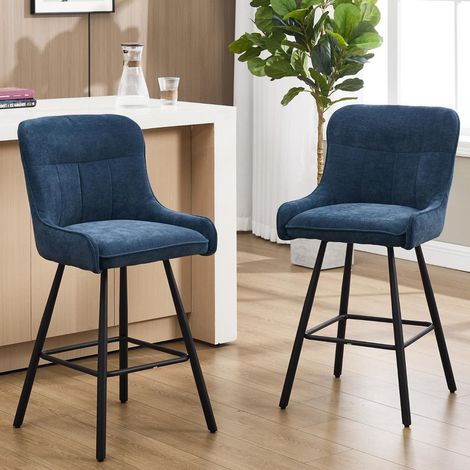 Barhocker 2er Set aus Chenille mit Rückenlehne und Fußstütze, blau (1/5)