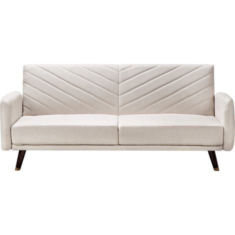Sofá cama 3 plazas de lino sintético beige claro madera oscura reclinable Senja